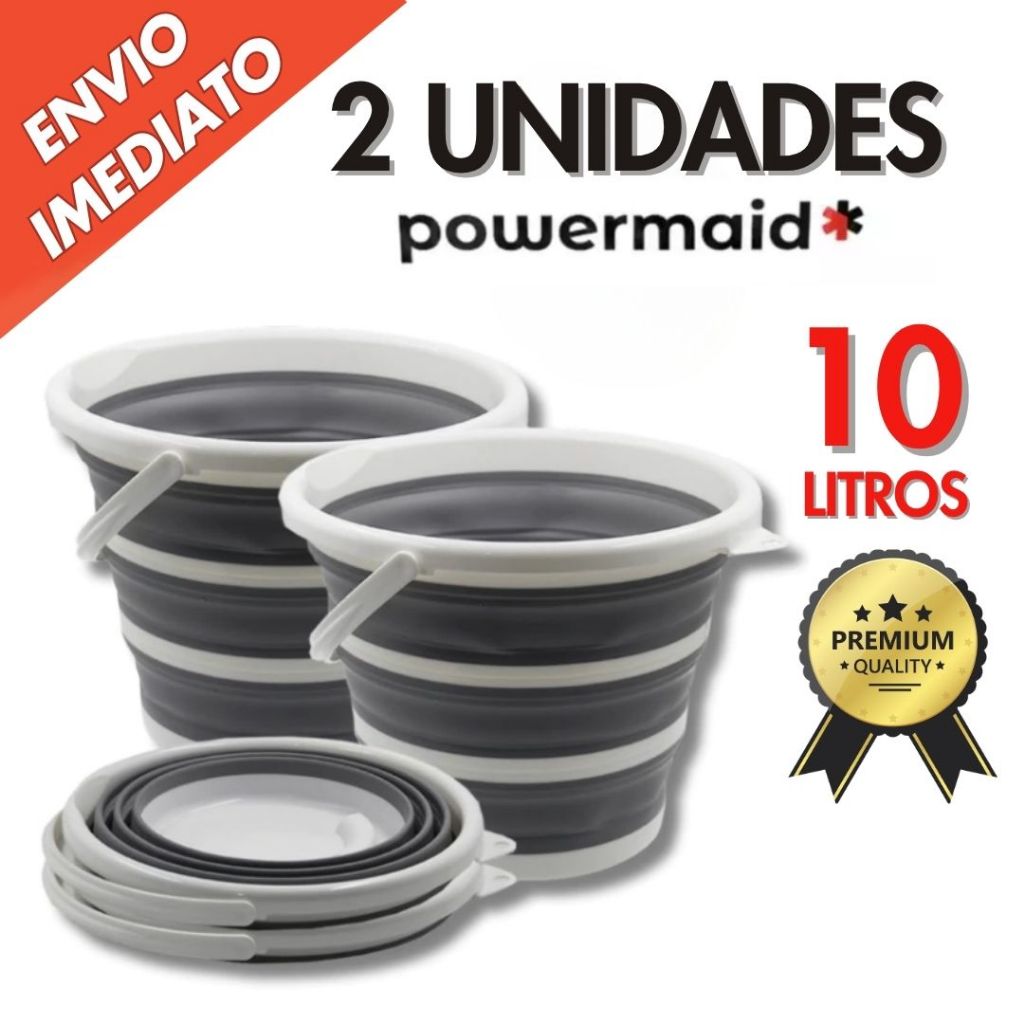 Kit 1, 2 Balde Retrátil Dobrável De Silicone Com Alça 10 Litros Cinza Reforçado Flexível Limpeza