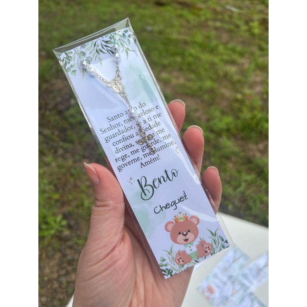kit lembrancinhas com mini terço , maternidade, cheguei, batizado, primeira eucaristia