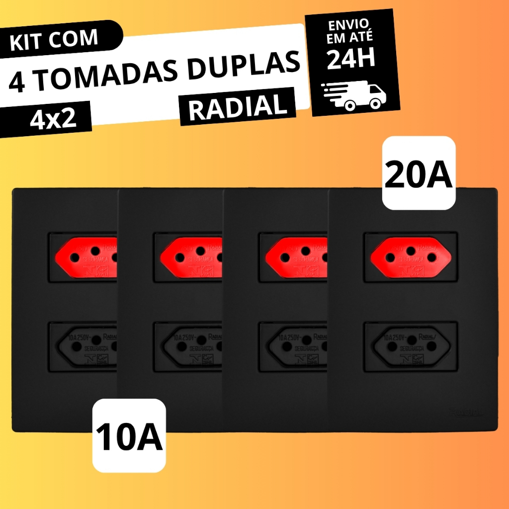 Kit 4 Tomadas Duplas (2P+T) 10A/20A 4X2 Linha Ouro Preto Fosco RADIAL