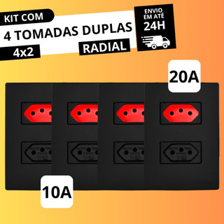 Kit 4 Tomadas Duplas (2P+T) 10A/20A 4X2 Linha Ouro Preto Fosco RADIAL
