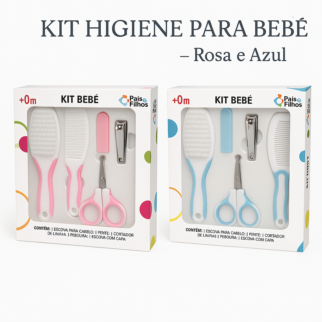 Kit Higiene Cuidados para Bebê 5 Peças  Escova, Pente, Tesoura, Cortador de Unha e Estojo  Rosa e Azul  Reciém-Nascido