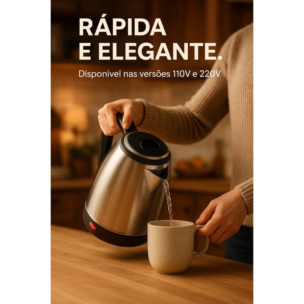 Chaleira Elétrica 1,8L Aço Inox 1200W Base Giratória 360 Desligamento Automático Praticidade Rápida.
