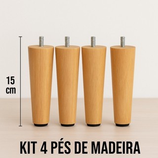 🪑 Kit 4 Pés Palito 15cm Madeira Maciça Cru Retrô – Rosca 5/16 p/ Sofá, Rack, Móveis