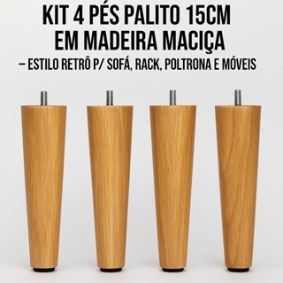 Kit 4 Pés Palito Retrô 15cm 🪑 Madeira Maciça – Sofá, Poltrona, Móveis
