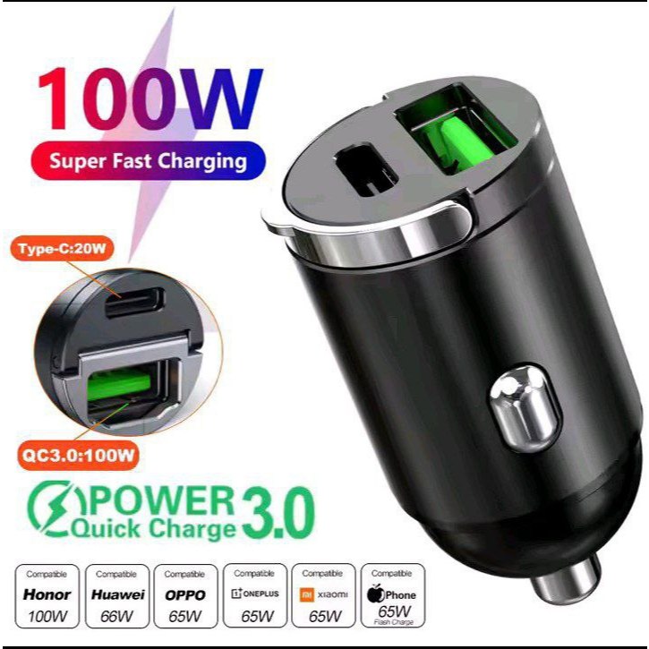 Carregador De Carro Mini Usb 100w E Tipo C QC3.0 Rapido Para Celulares