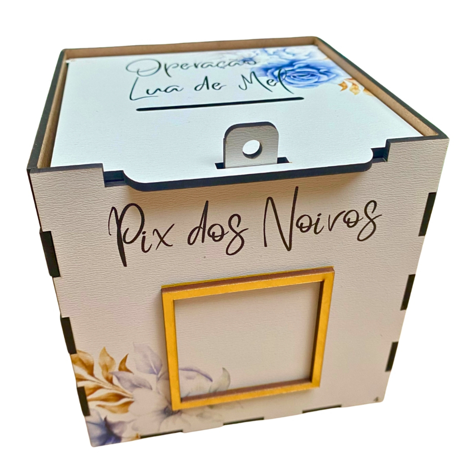 Caixa Cofre para Pix Casamento 13x13cm – Estampa Flores Azuis MDF Branco