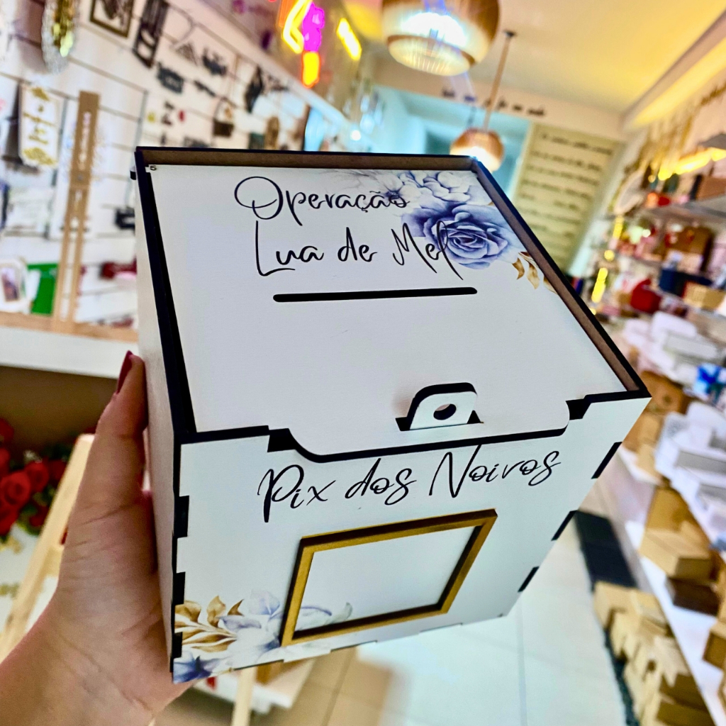 Caixa  Pix Noivos Estampa Azul 13x13 MDF Branco – Caixa para Casamento em Oferta na Shopee