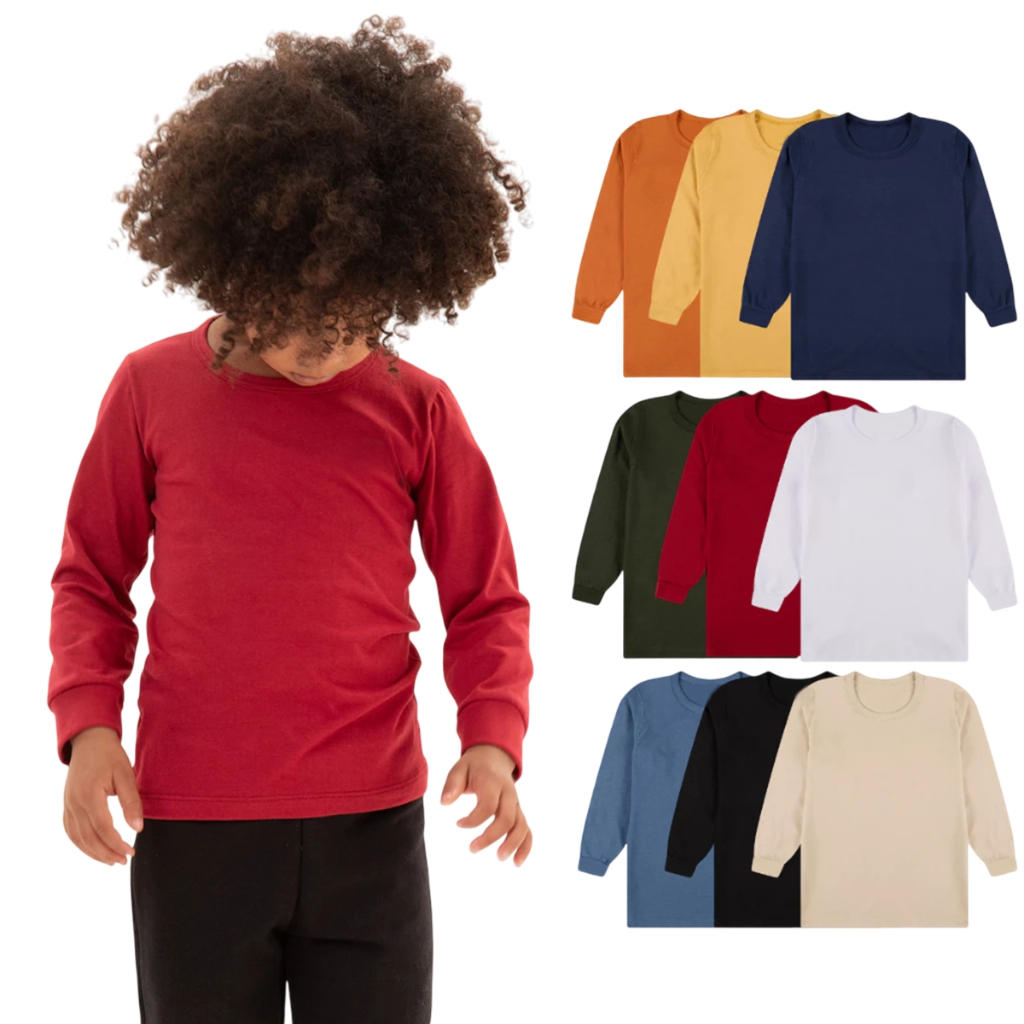 Kit de Camisetas Infantil Masculina Lisas Manga Comprida Menino 2 à 8 Anos