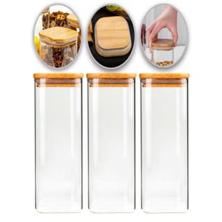 Kit 3 potes de vidro ( quadrado )com tampa de bambu herméticos para mantimentos 650ml em Oferta na Shopee