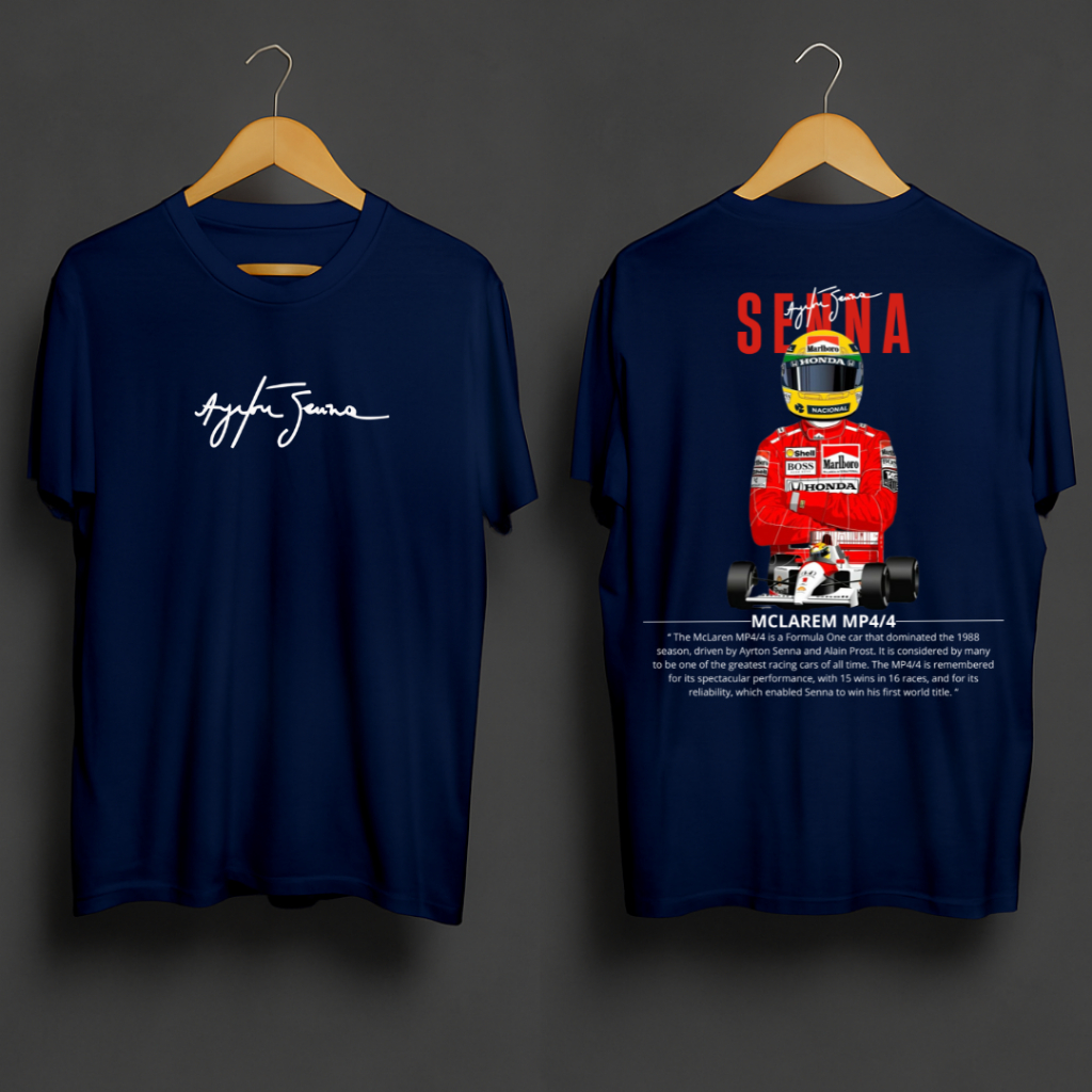 Camiseta Unissex Pr/eta Blusa Tendência Estampada Ayrton Senna F1 MP4 Frente e Costa Algodão Envio Imediato