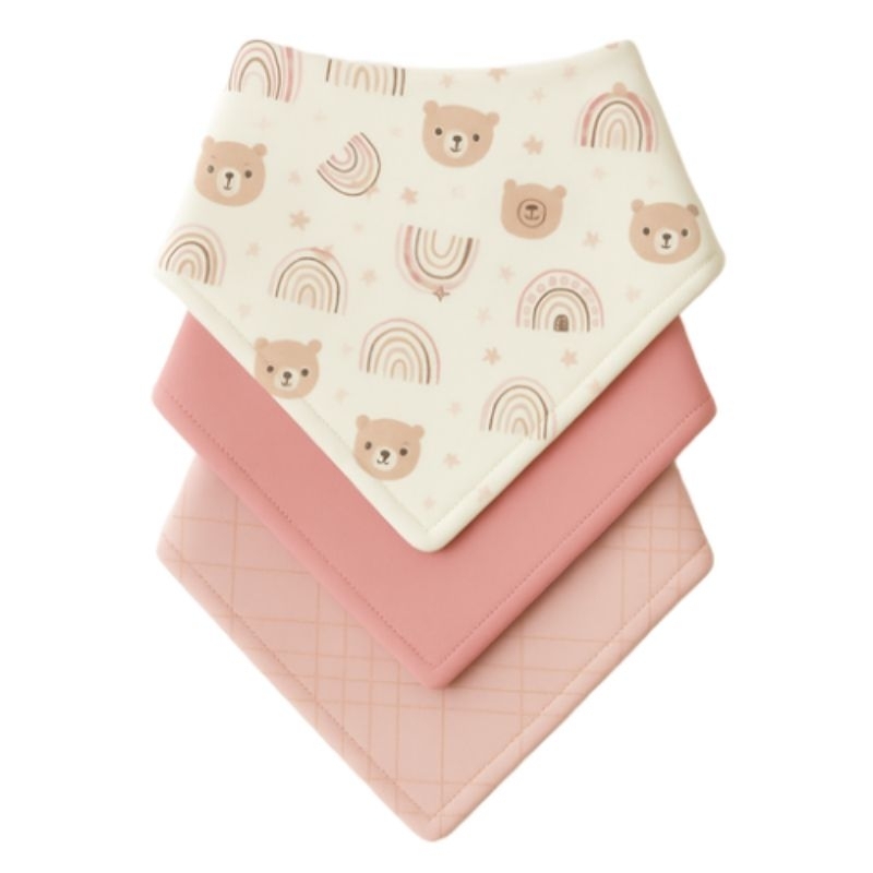 Kit com 3 Babador Bandana Bebê Menina 100% Algodão Urso Xadrez Rosê