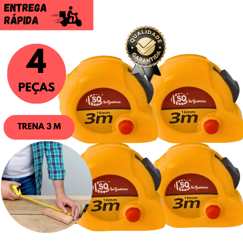 Kits 4/3 ou 2 Trena de Medição 3 Metros com Clip p/Cinto Trava Reforçada Alta Precisão Profissional