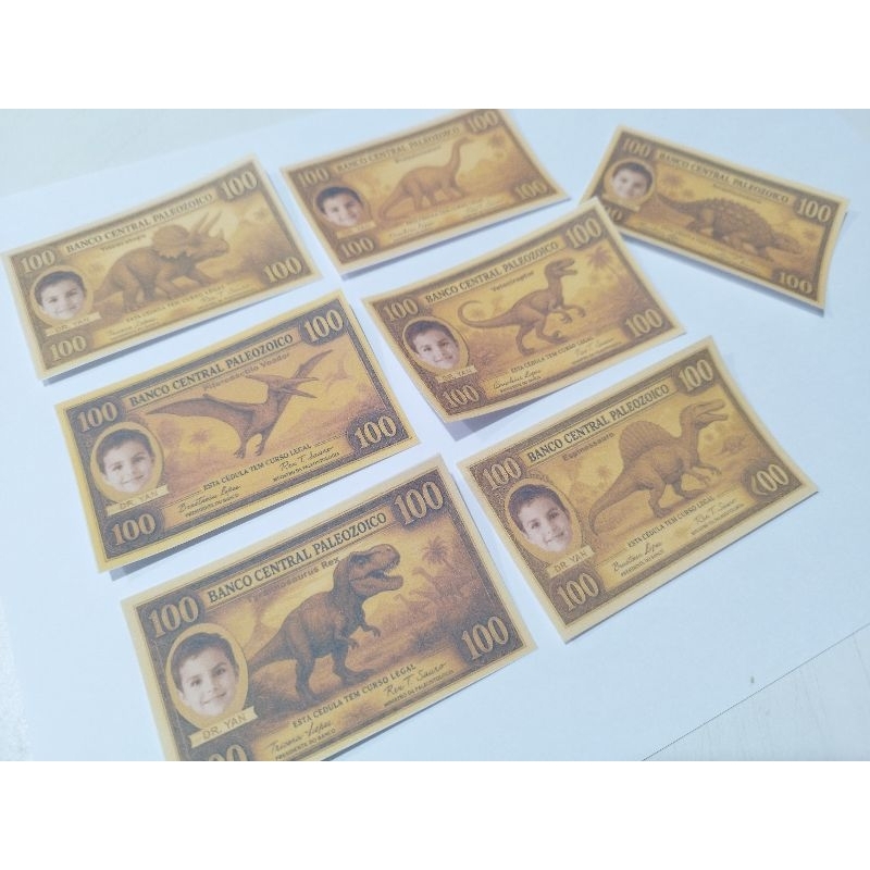 Dinheiro Dinossauros Personalizado com Foto - 7 Espécies - 84 notinhas + 1 Joguinho da Memória