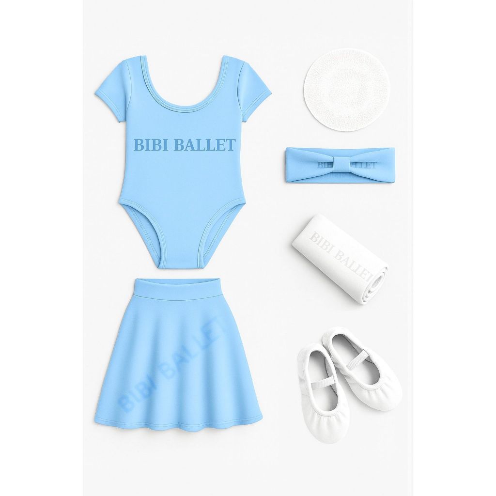 Kit 6 itens Ballet - Collant COM MANGA + Saia de Cós + Faixa (AZUL BEBÊ) e Sapatilha + Meia Calça + Redinha (BRANCO)