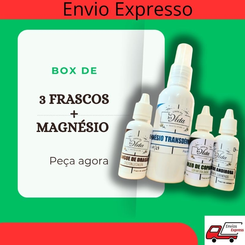 Kit Óleo Resina de Copaiba, Óleo de Andiróba, Seiva Sangue de Dragão, Magnésio Transdérmico. 100% Puros e Naturais.