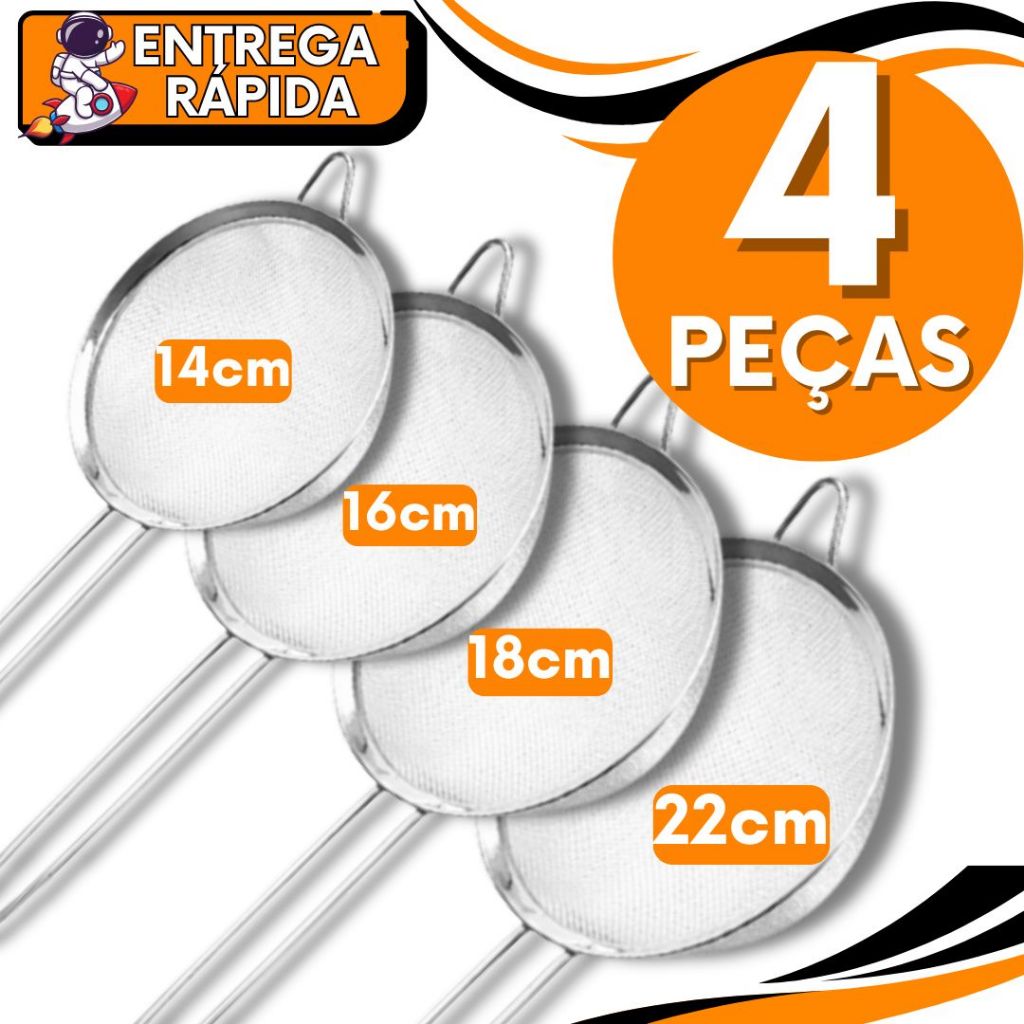 KIT JOGO 4 Peneira 22cm 18cm 16cm 14cm Utensilio para Polvilhar Coador Alimentos Farinha Açucar Restaurante Confeitaria