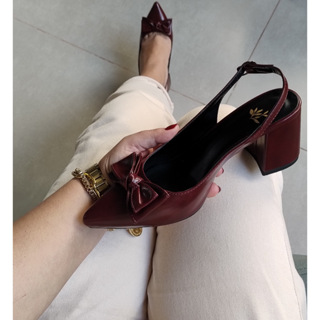 Sapato Feminino Slingback Salto Bloco Marsala Casual Confortavel Elegante em Oferta na Shopee