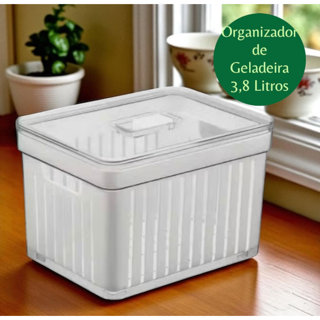 Organizador de Geladeira 3,8 Litros com Cesto Tampa Multiuso Alimentos Legumes Verduras Frutas
