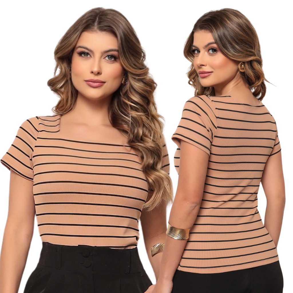 Blusa Feminina  Ribana Canelada com Listras Gola Quadrada Camiseta Básica Sofisticada Tendência