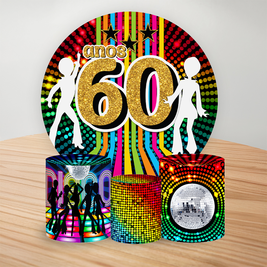 Kit Mini Capa Redondo 50cm + Mini Capas em Tecido para Latas Mini Festa de Mesa Anos 60 70 80 Flash