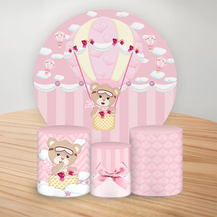Kit Mini Capa Redondo 50cm + Mini Capas em Tecido para Latas Mini Festa de Mesa Ursinhos Baloeiro