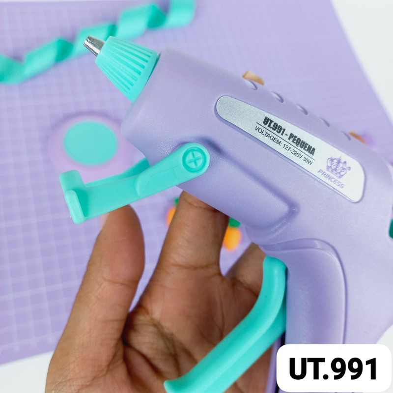 Pistola cola quente pequena princess  - bivolt - lilás/verde brinde 4 cola