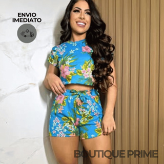 Conjunto Feminino Estampado Blusa Cropped + Short | Malha Crepe em Oferta na Shopee