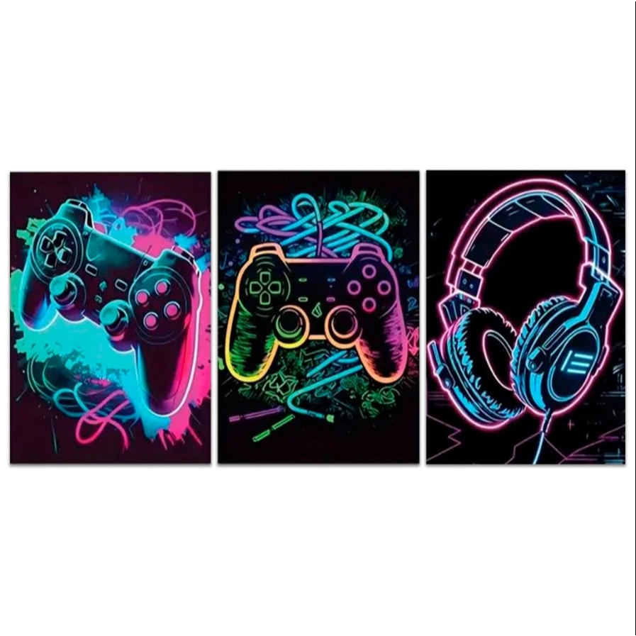 Quadro Decorativo 3 Peças Gamer Controle Playstation Fone e Games Jogo para Sala Quarto Hall