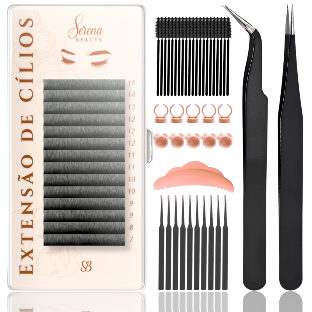 Kit Extensão de Cílios Profissional com Cartela de Cílios + Pinças + Escovinhas + Microbrush em Oferta na Shopee