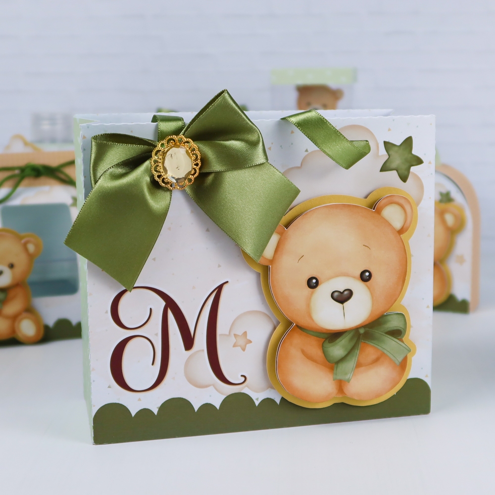 Sacolinha Sacola Lembrancinha Personalizada Decoração Festa - Ursinho Verde - Aniversário, mêsversário, chá de bebê