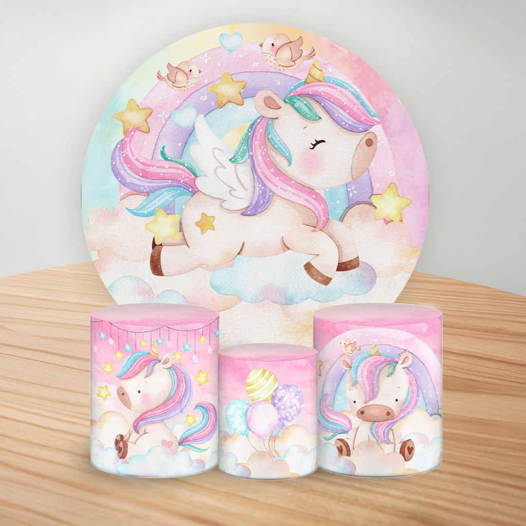 Kit Mini Capa Redondo 50cm + Mini Capas em Tecido para Latas Mini Festa de Mesa Unicórnio Cute