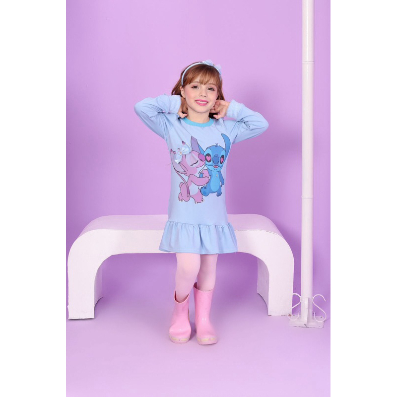 Vestido infantil Lilo Stitch + tiara vestido manga longa inverno roupa fantasia Stitch menina festa