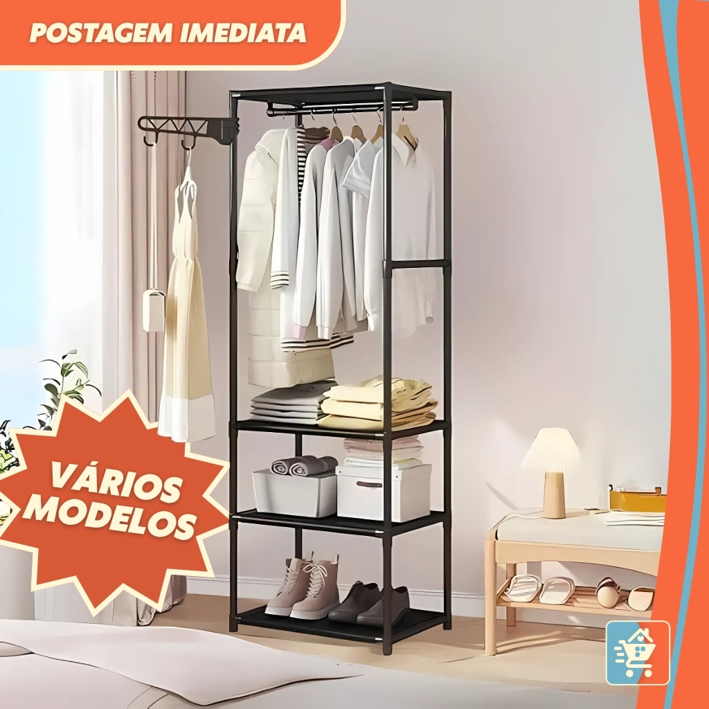 Arara Cabideiro Organizador de Roupas Multifuncional Rack Multiuso Prateleira Guarda Roupa Portátil em Oferta na Shopee