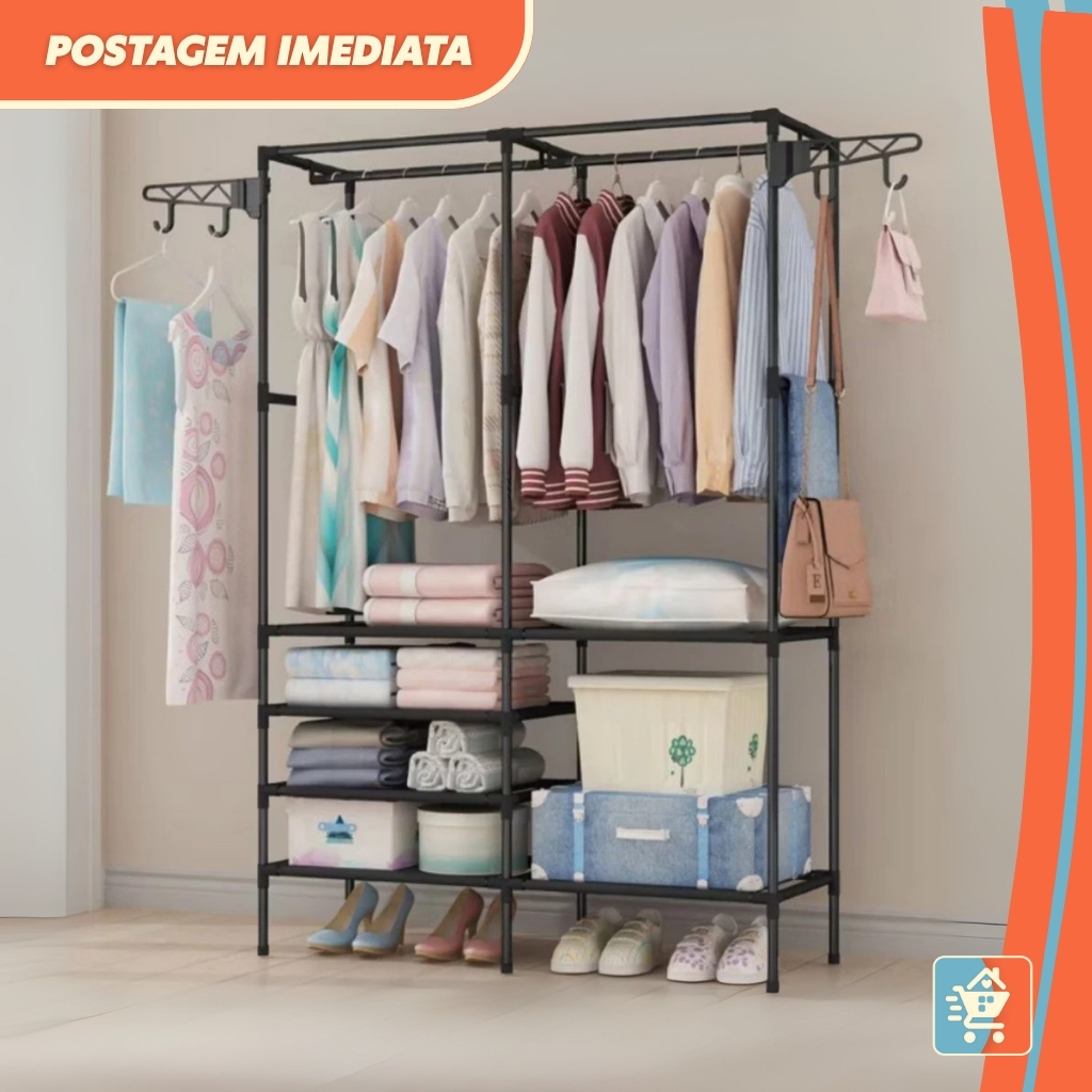 Guarda Roupa de Casal e Solteiro com Sapateira Organizadora Arara Cabideiro Rack Multifuncional