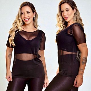 Blusa Feminina Transparente De Tule Manga Curta Camiseta Academia Treino Fitness Musculação