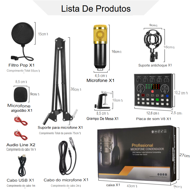 Kit para Podcast com Microfone Condensador, Placa de Som V8, Suporte de Braço e Acessórios para Streaming, Gravação e