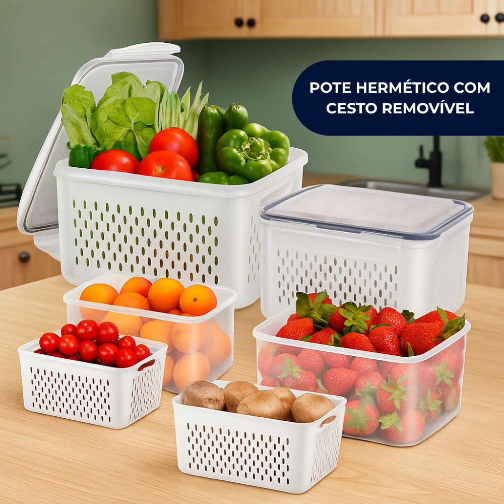 Kit 3 Potes Herméticos Organizadores Geladeira Cozinha Alimentos Potes Cestos Removível Lavar Frutas