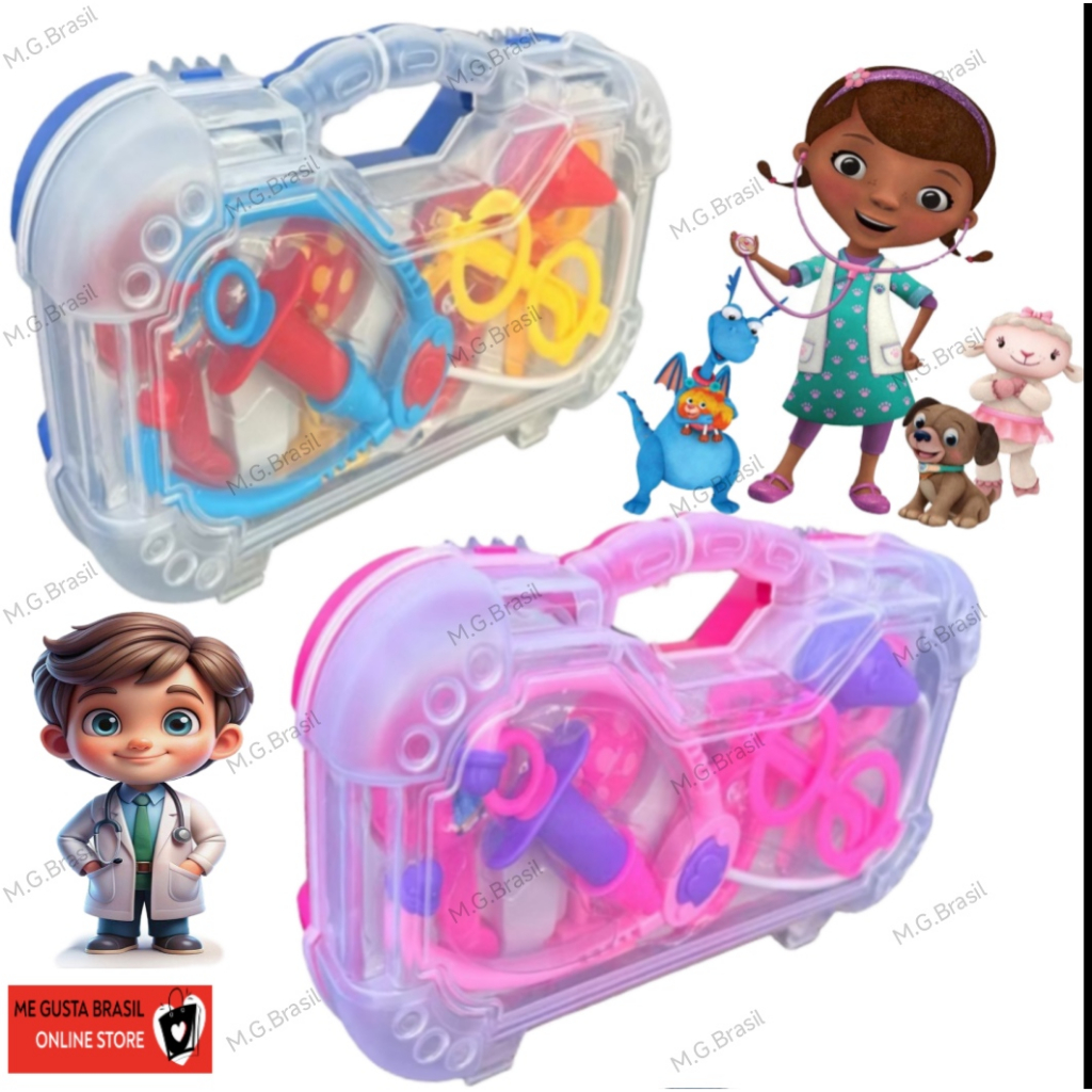 Kit Médica Maleta, Infantil, Educativo, Divertido, Brinquedo Menina, Mini Doutora, Rosa Azul 7 Peças