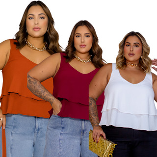 Kit 3 blusinhas plus size camadas babado fluido alça larga 44 ao 52 tecido não amassa moda grande