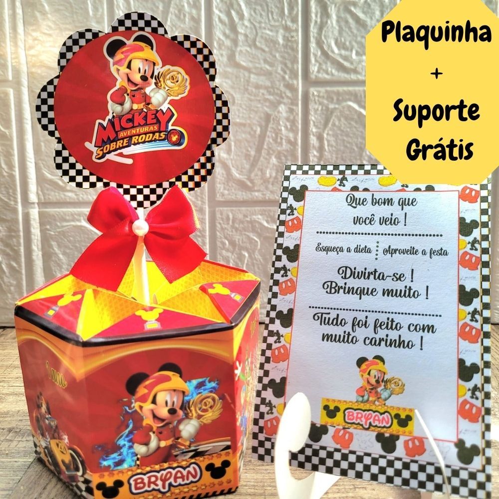 Centro de Mesa Mickey sobre Rodas. Cachepô Personalizado p/Festa Arranjo + Plaquinha Enfeite de Aniversário.Lembrancinha