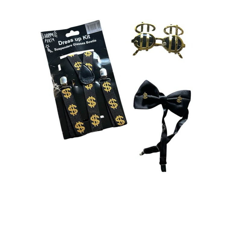 Kit Acessórios Ricos 💵 Dourado/Prata | Óculos Cifrão + Gravata + Suspensório