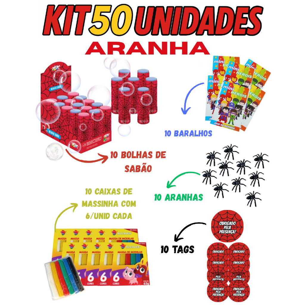 Kit Aranha 10 Bolha de Sabão +10 Jogo da Memória +10 Massinha de Modelar +10 Brinquedo lembrancinhas de aniversario
