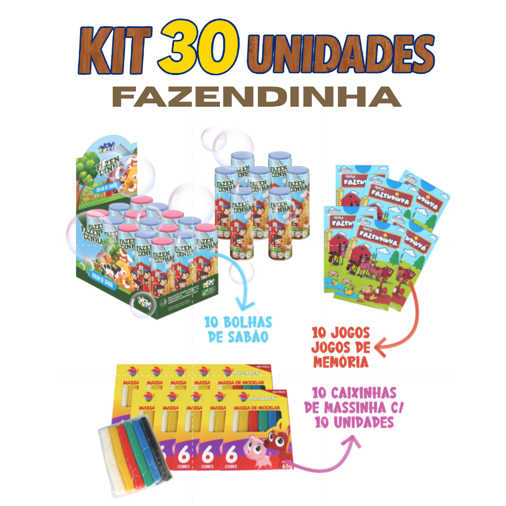 Kit lembrancinha fazendinha 10 Bolinha sabão + 10 Massinha modelar + 10 Baralho jogo aniversario infantil bolha