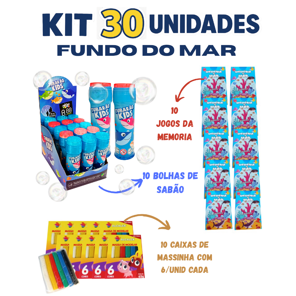 Kit fundo do mar 10 Bolha de Sabão + 10 Jogo da Memória + 10 Massinha lembrancinhas de aniversário Infantil baby shark