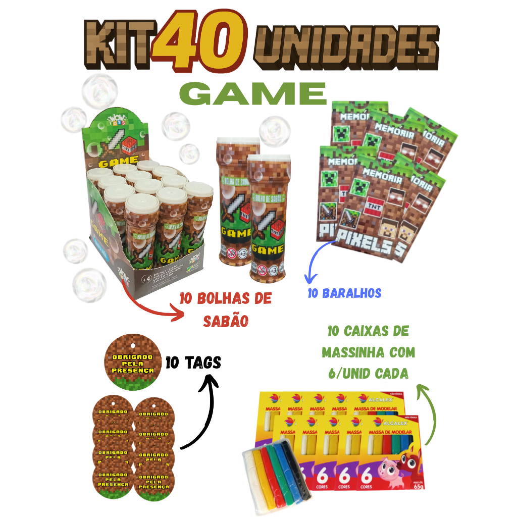 Kit Minecraft 10 Bolha de Sabão + 10 Jogo da Memória + 10 Massinha lembrancinhas de aniversário Infantil