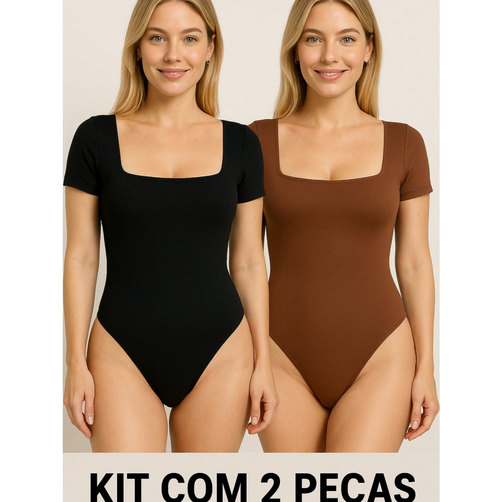 Kit 2 Body Feminino Decote Quadrado Manga Curta Forrado Confortavel tendencia Moda Blogueira Casual em Oferta na Shopee
