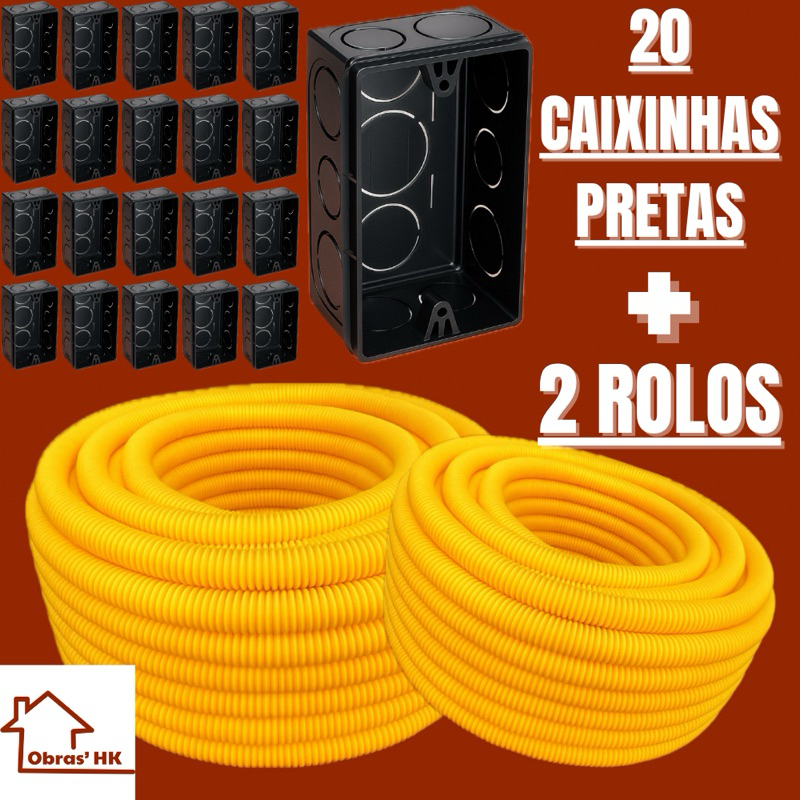 Conduíte Eletroduto Corrugado Kit 2 Unidades + 20 Caixinhas 4x2 Preta