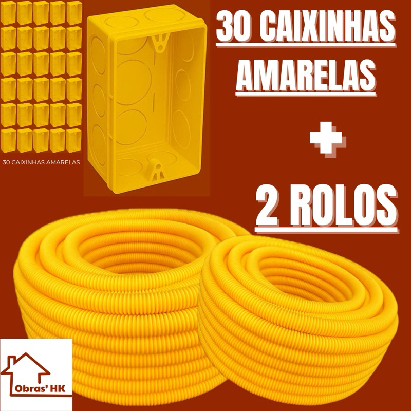 Kit 2 Unidades Conduites Canduites Eletroduto Corrugado + 30 Caixinhas Amarelas 4x2