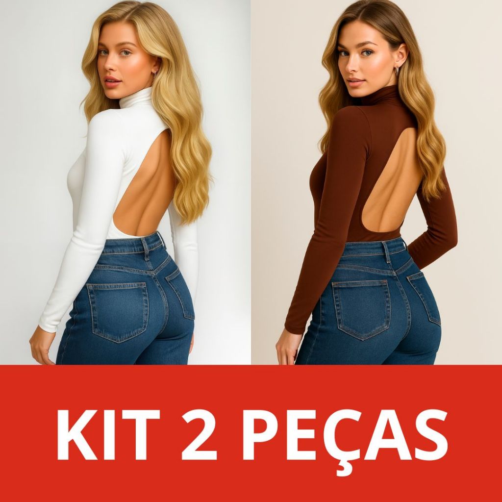 Kit 2 Body Feminino Paris Costas Nua Aberta Forrado Manga longa Comprida Gola Alta Estilosa Elegante Gringa em Oferta na Shopee