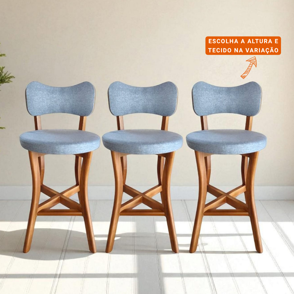 Banqueta alta balcão cozinha com Encosto Linho Cinza 3 Unid Madeira Maciça Estofado Premium em Oferta na Shopee